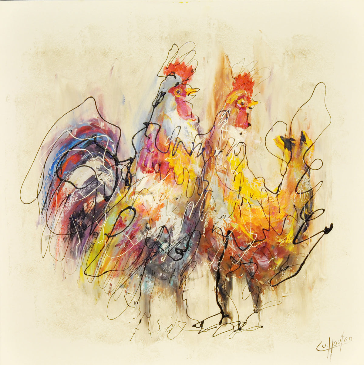 Caspar van Houten — 1 + 1 = 2 Kippen, olieverf op linnen