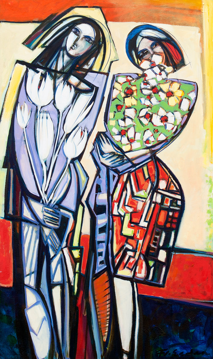 Frits van Eeden — Two ladies in tulip style, acryl op linnen