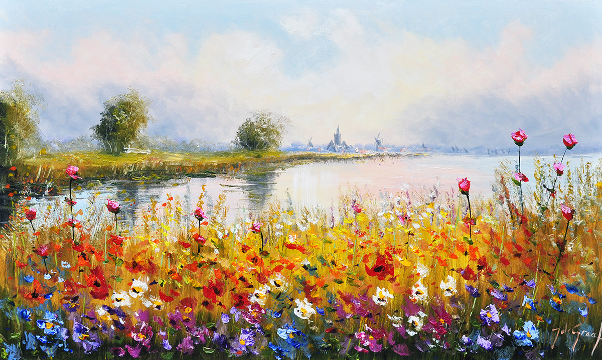 Jochem de Graaf — Bloemen langs het water, olieverf op linnen