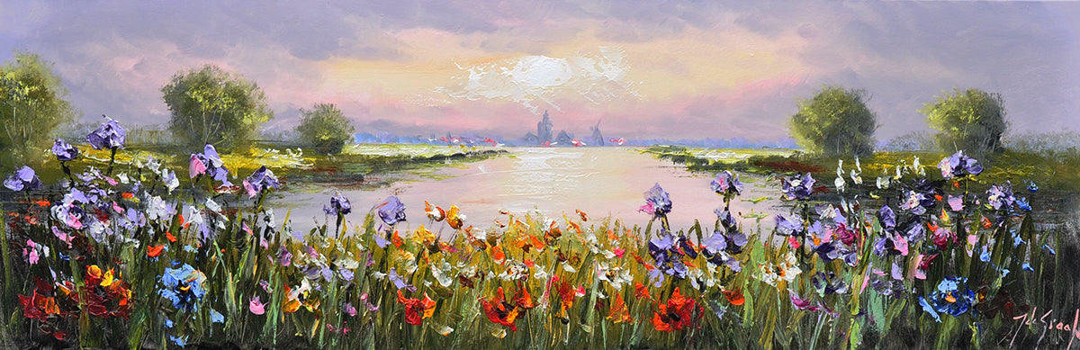 Jochem de Graaf — Bloemen over het meer, olieverf op linnen