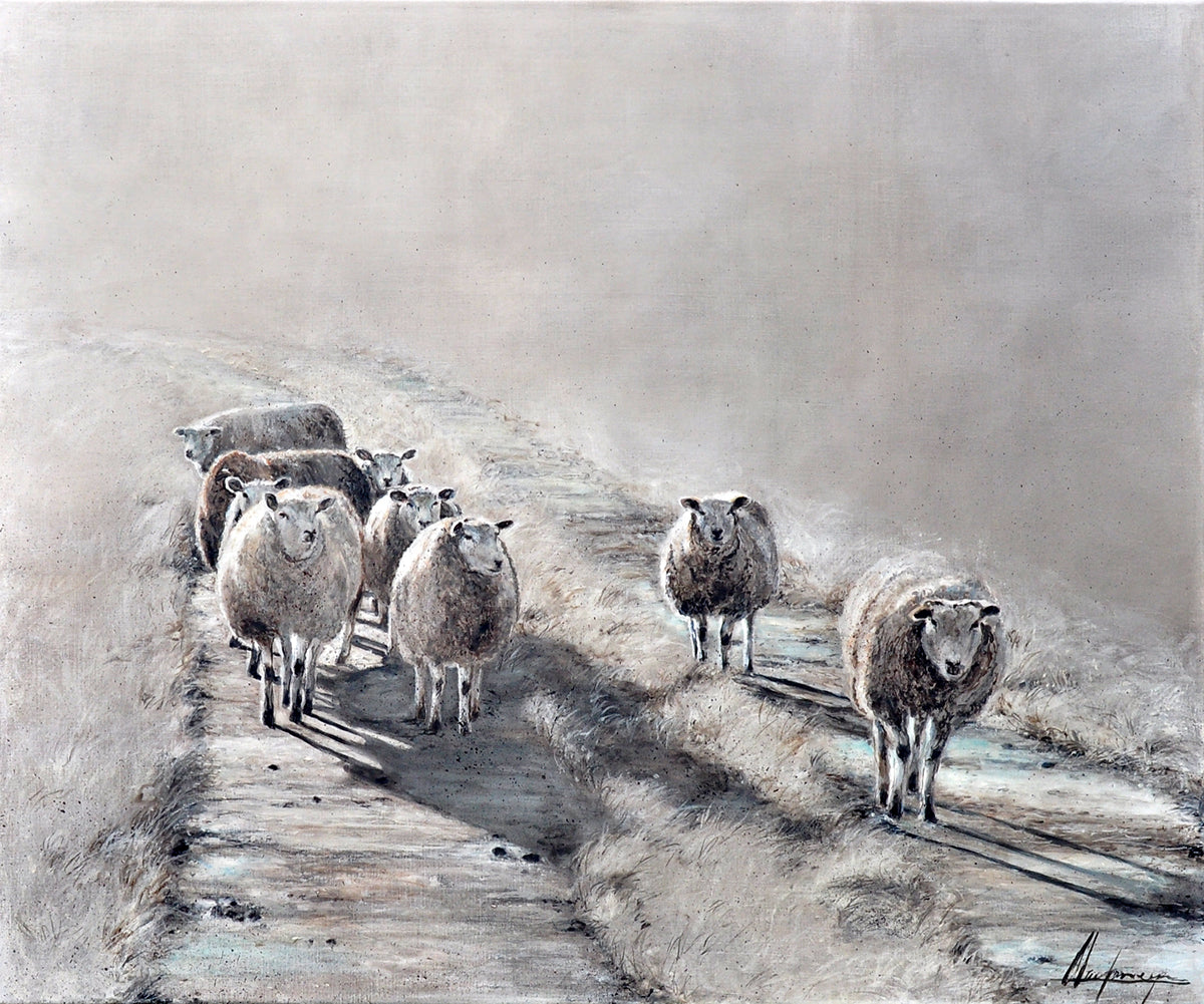 Annabelle Lanfermeijer — Schapen in de mist, gemengde techniek
