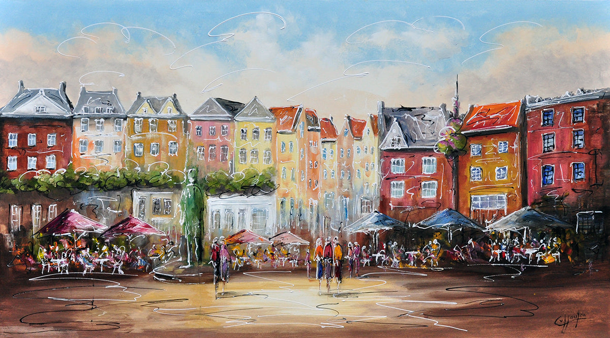 Caspar van Houten — Drukte op de Grote Markt, olieverf op linnen