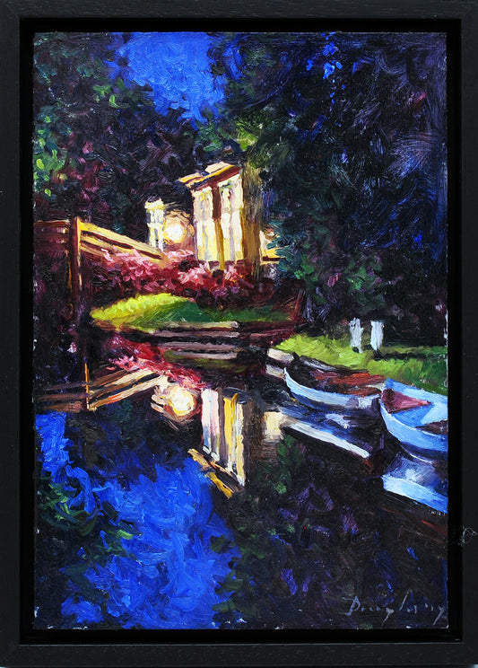 Daniel Douglas — Giethoorn bij nacht, olieverf op paneel