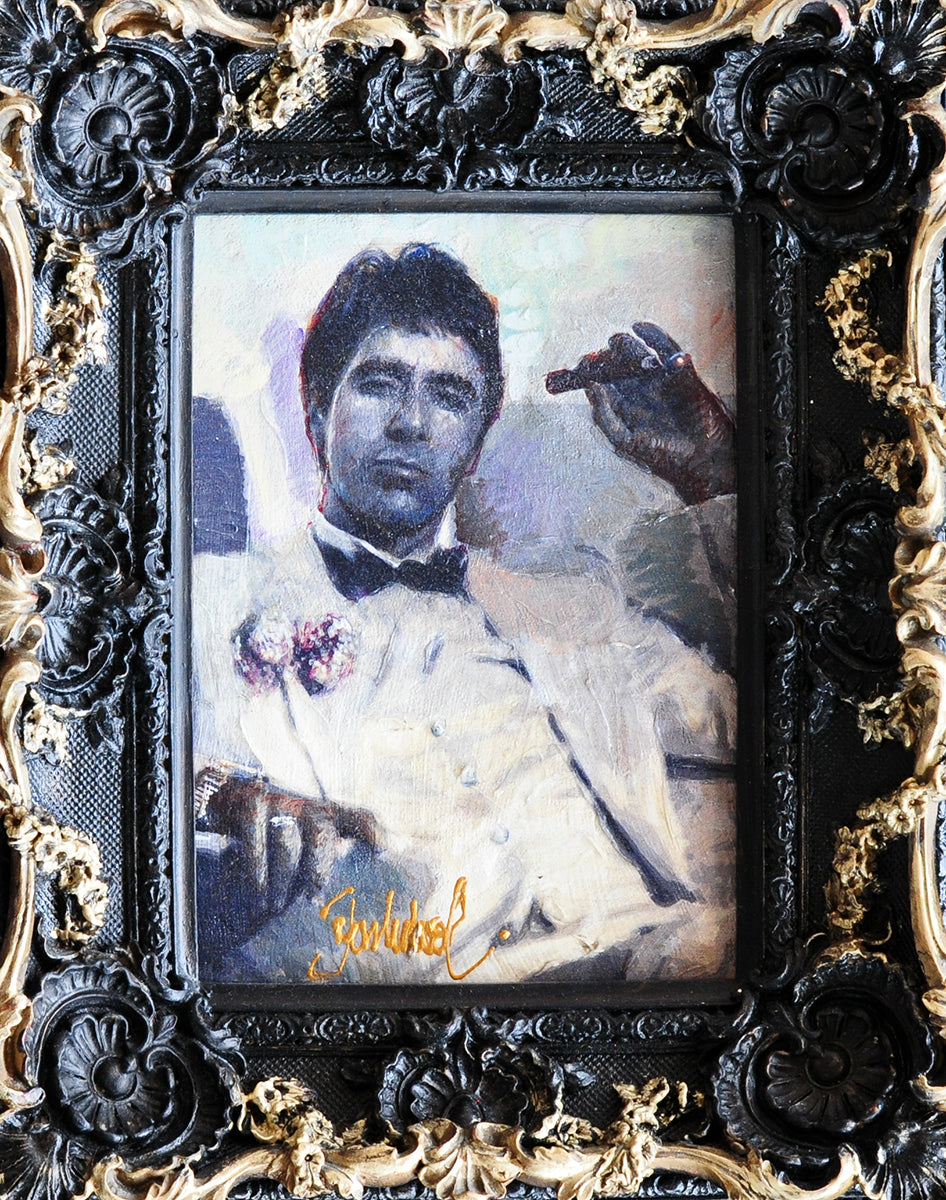 Peter Donkersloot — Tony Montana (barokke lijst), ingeschilderd giclee op paneel