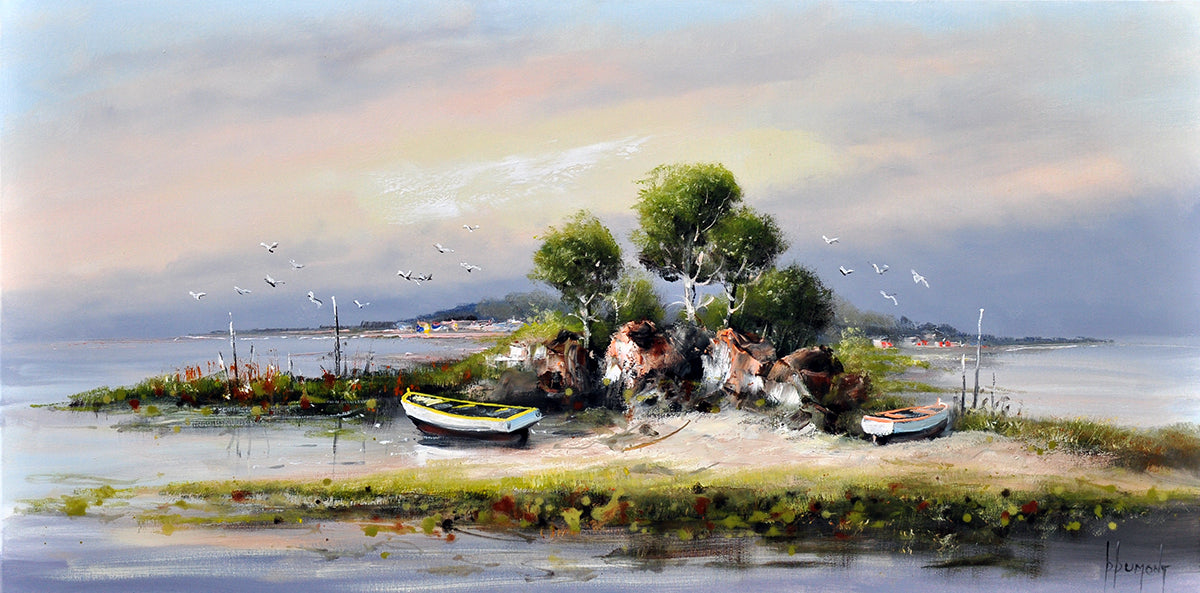 Daniel Dumont — Boten drooggevallen op het eiland, olieverf op linnen