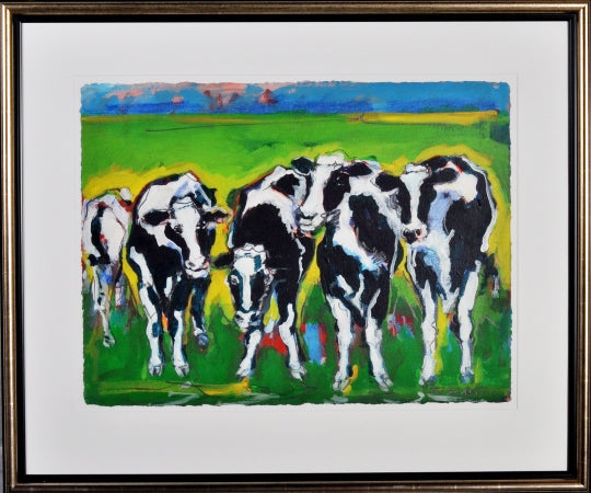 Frits van Eeden — 5 Koeien in fris groen, acryl op papier