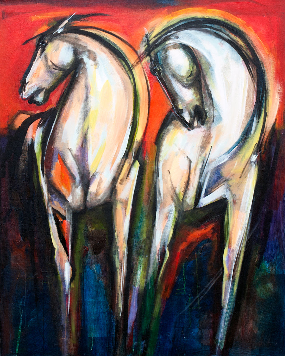 Frits van Eeden — Hengsten in avondrood, acryl op linnen