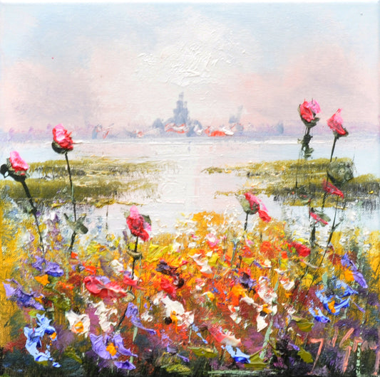 Jochem de Graaf — Veldbloemen aan de rivier, olieverf op linnen