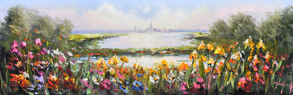 Jochem de Graaf — Bloemen bij de stad, olieverf op linnen