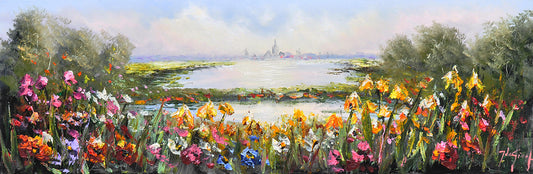Jochem de Graaf — Bloemen bij de stad, olieverf op linnen