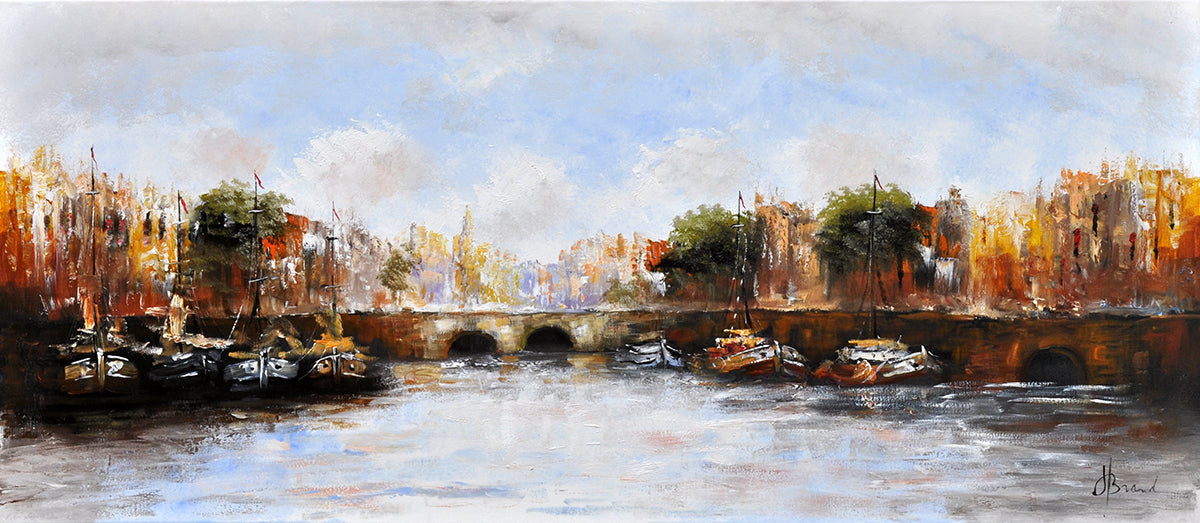 Henry Brand — De boten bij de brug, olieverf op linnen