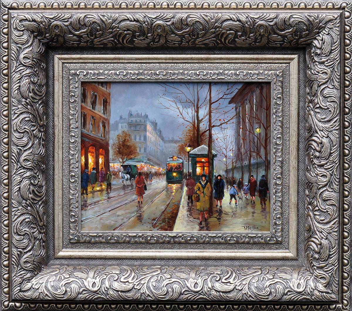 Janny Meyer — En Attendant Le Tram, olieverf op paneel
