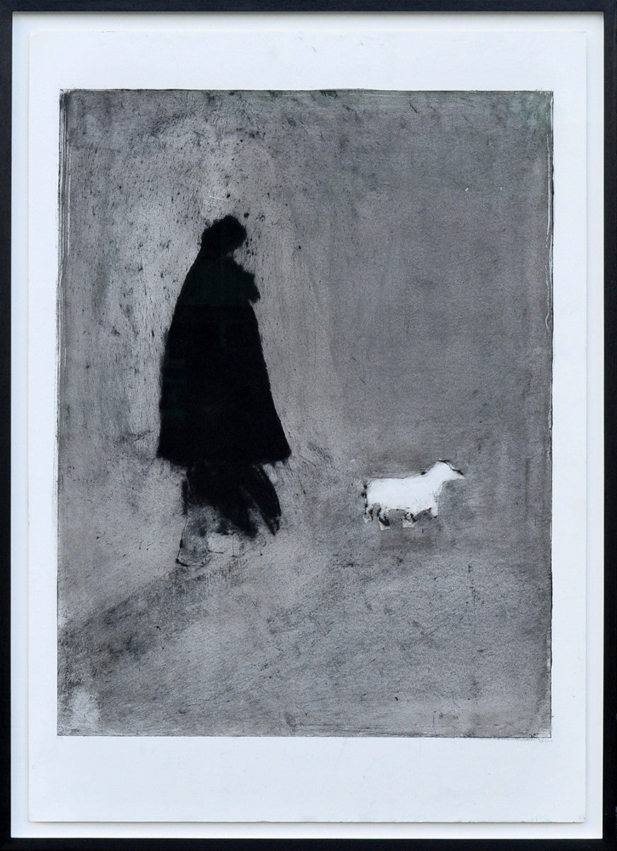 Krin Rinsema — De hond uitlaten, droge naald ets (museumglas)