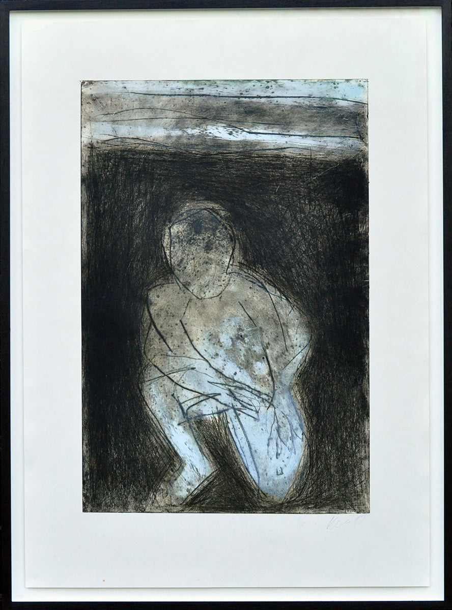 Krin Rinsema — Geknield in het gras, droge naald ets (museumglas)