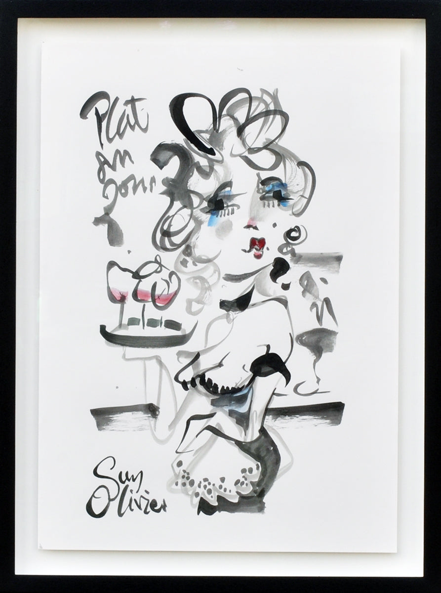 Guy Olivier — Dame au plateau, acryl op papier (in museumglas)