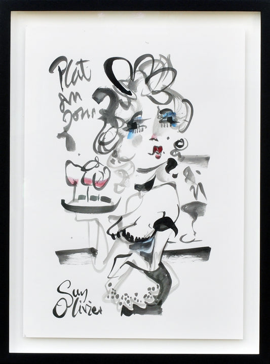 Guy Olivier — Dame au plateau, acryl op papier (in museumglas)