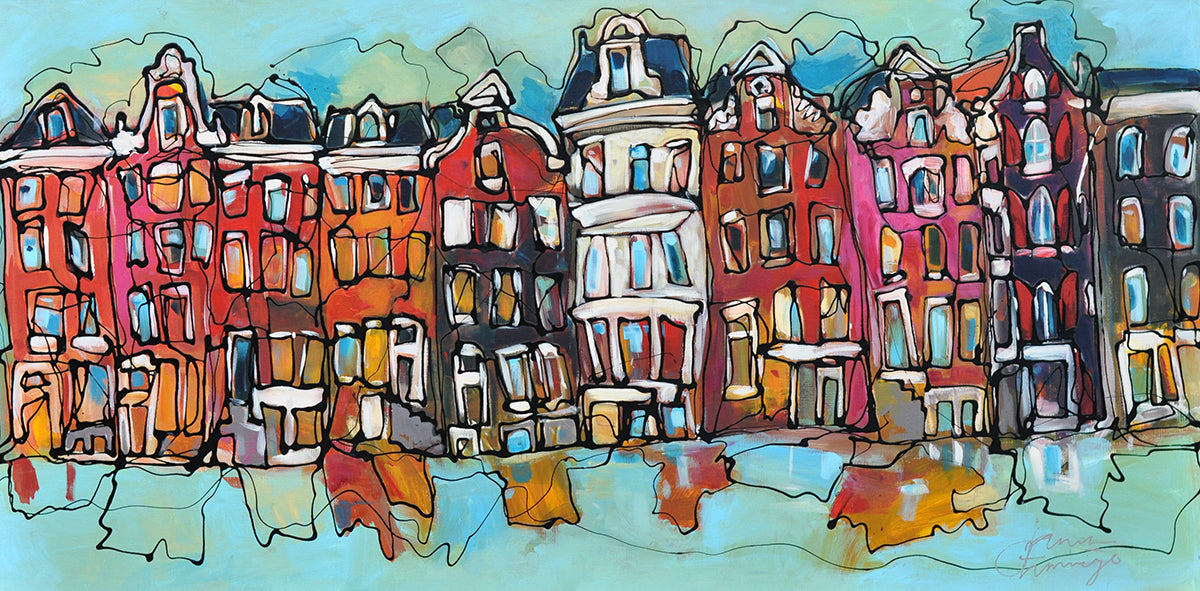 Janet Timmerije — Amsterdam grachtenpanden, mixed media