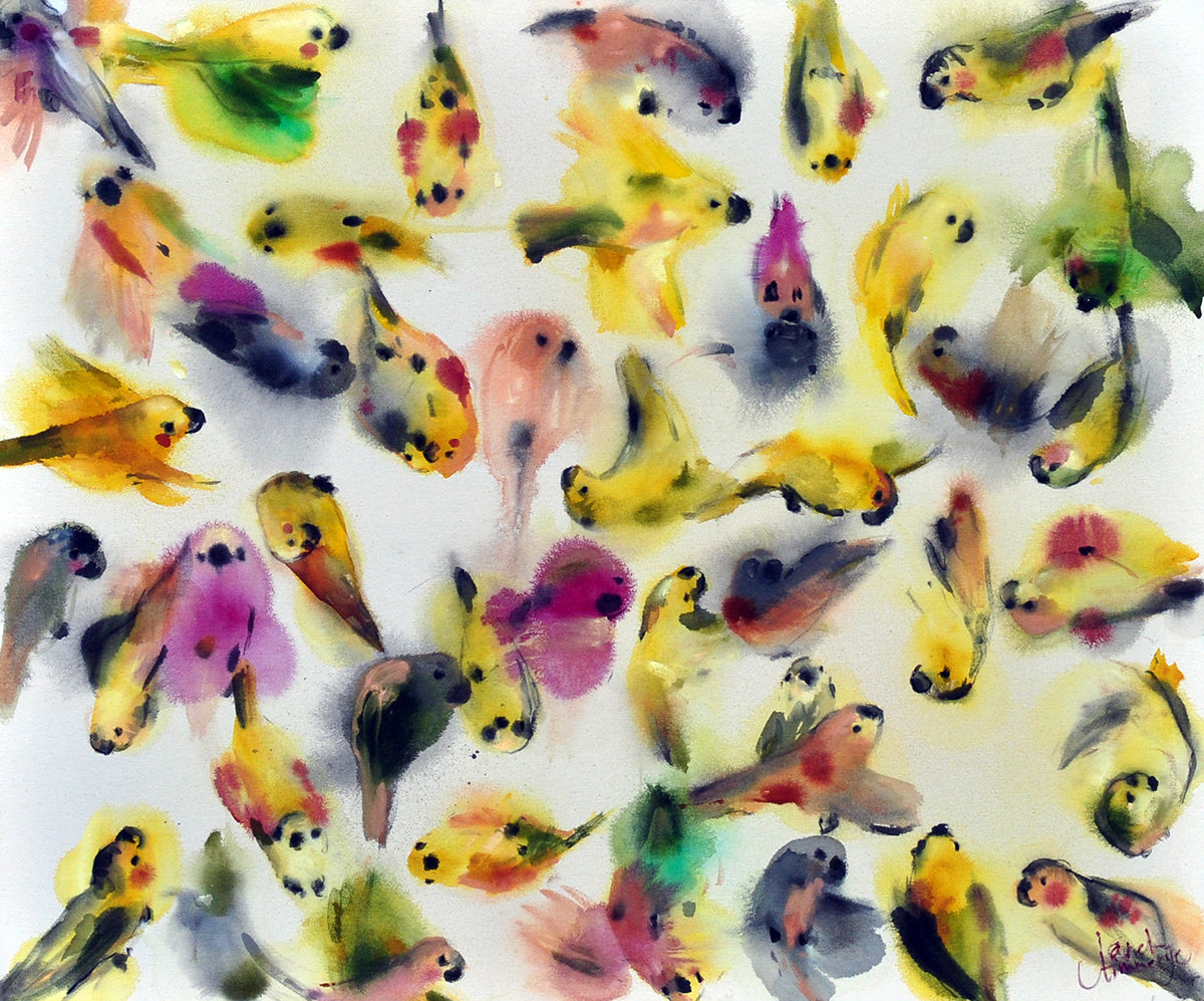 Janet Timmerije — Parakeets, acryl op linnen