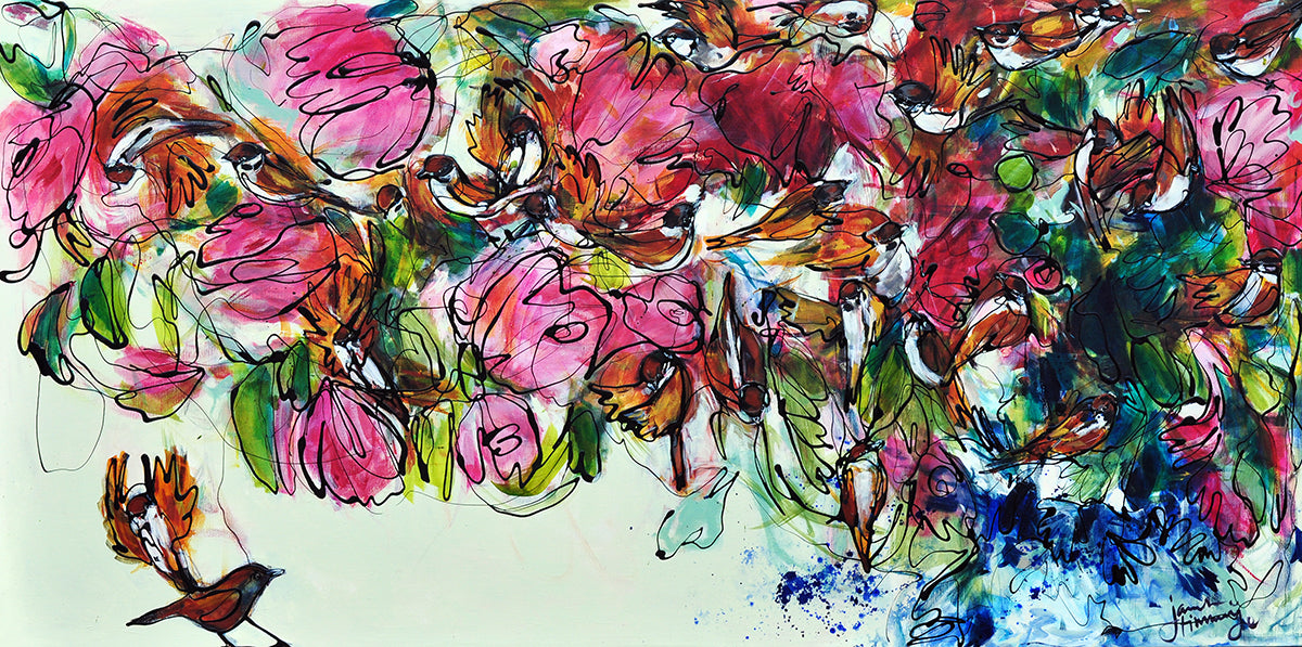 Janet Timmerije — Birds n Roses, acryl op linnen