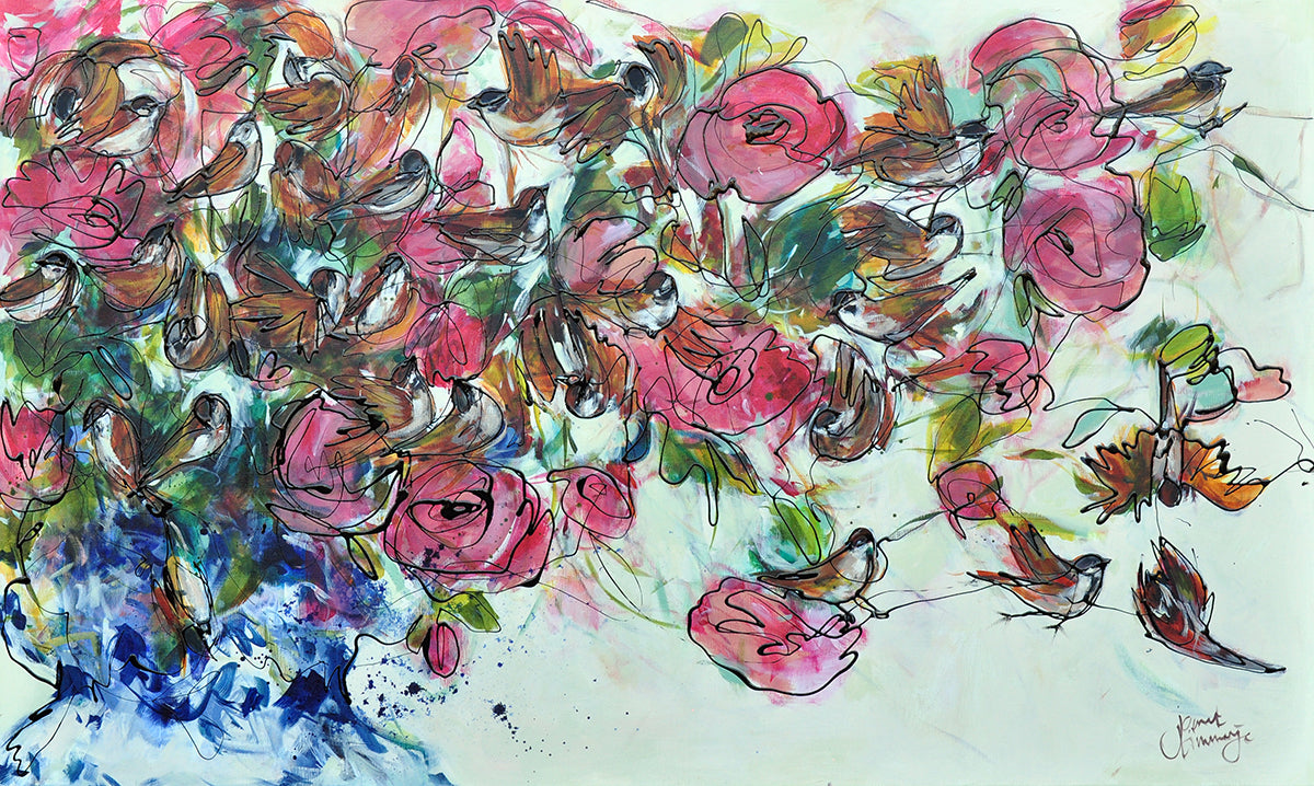 Janet Timmerije — Birds and roses, acryl op linnen