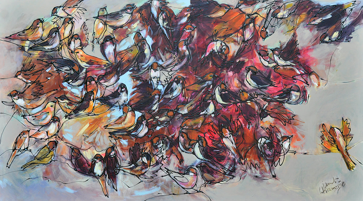 Janet Timmerije — Vogelzwerm, acryl op linnen